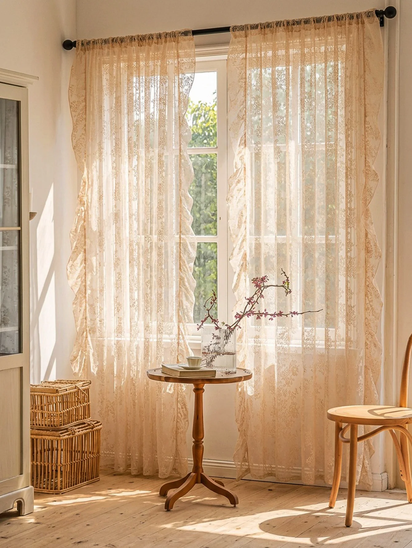 Romantic Beige Ruffled Lace Curtains - Vintage French Style | Scalloped Edge Sheer Window Panel for Farmhouse Decor