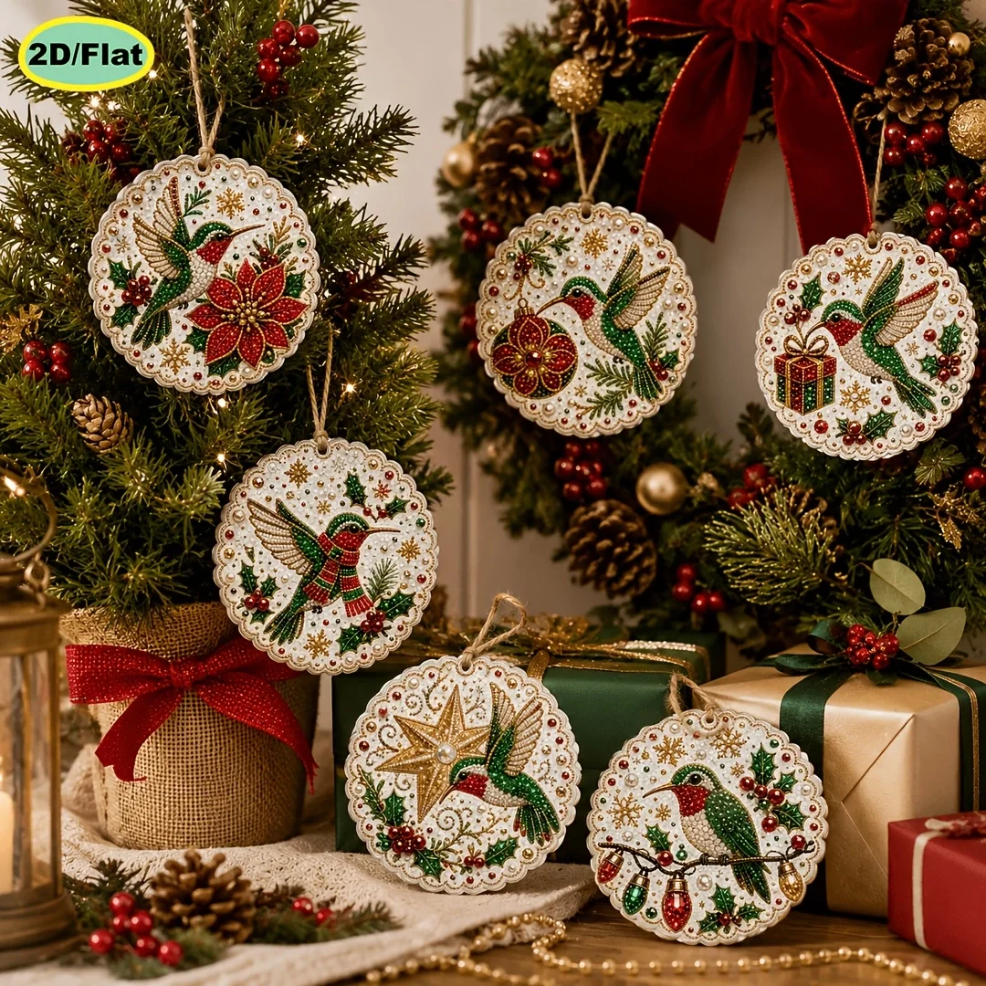 6-piece Pearl Diamond Painting Wooden Pendant Set, Festival Pattern Theme, Newcomer Friendly Surprise Creative Handmade Gift