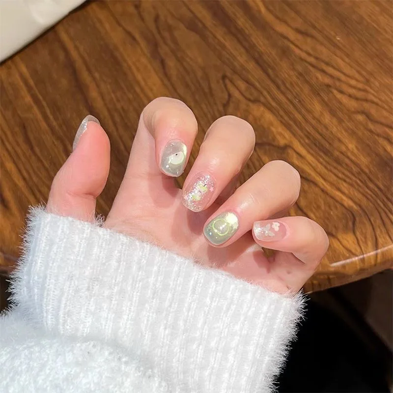 10pcs Handmade Cute Fake Nail Tip Short Girls Weable Romantic Decor False Nail Patch Detachable Almond Press On Nails