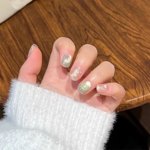 Imagen 2 del producto 10 Uds. De puntas de uñas postizas hechas a mano, decoración romántica corta para niñas, parche para uñas postizas desmontable, prensa de almendra en las uñas