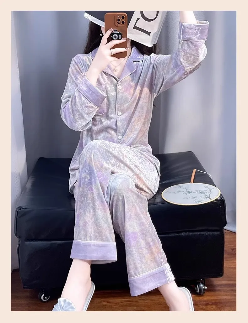 Knitted Gold Velvet Long Sleeved Long Pants Suit Soft And Comfortable Pajama Set 2026 Autumn Winter Women's Home Wear Sleepwear 3