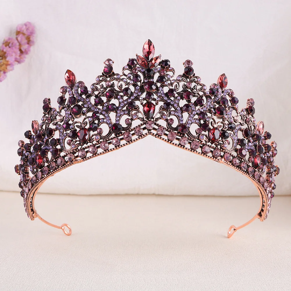 KMVEXO Vintage Black Purple Handmade Crystal Beads Fairy Elf Crowns Tiaras Bandana Women Girls Party Costume Hair Dress Jewelry