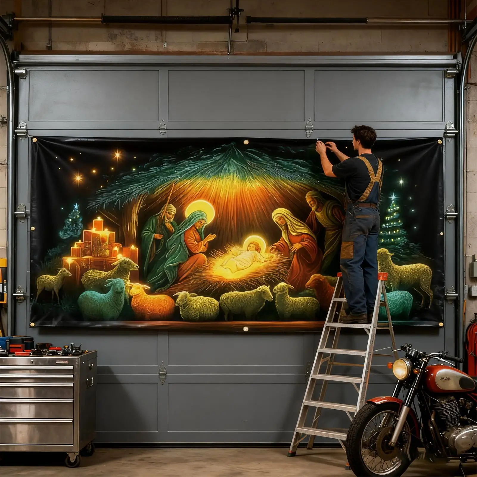 Christmas Front Door Decoration Cover Religious Fluorescent Front Door Jesus Scene Backdrop Hanger Background Banner Porch Sign
