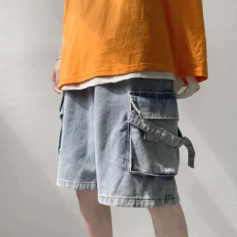 

Men's Summer Cargo Denim Shorts Straight Cut Relaxed Fit Light Color Trendy Versatile Knee-Length Student Wide-Leg 2026