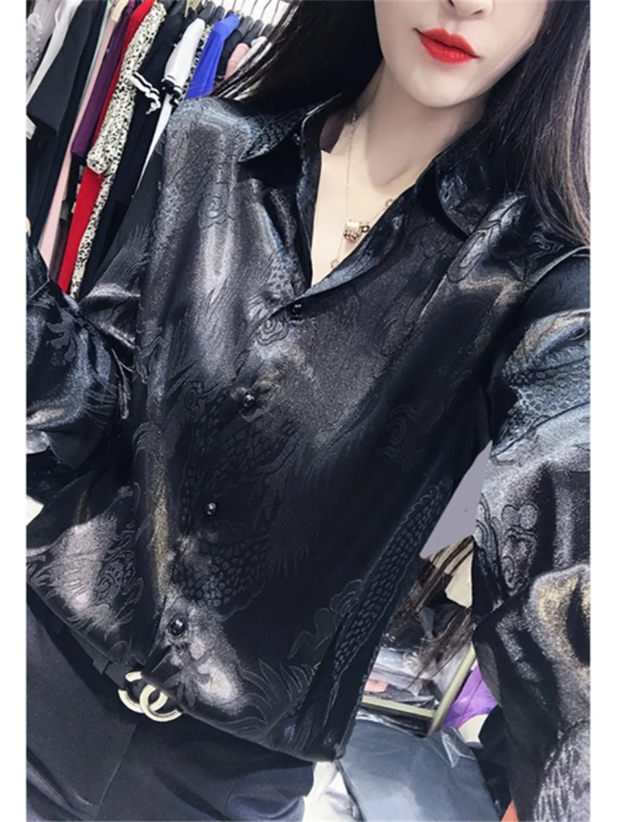 

Spring Faion Long Sve Embroidered irt Women's High-End Versatile Base Layer Bla Top Korean Sle Loose Fit Button De...