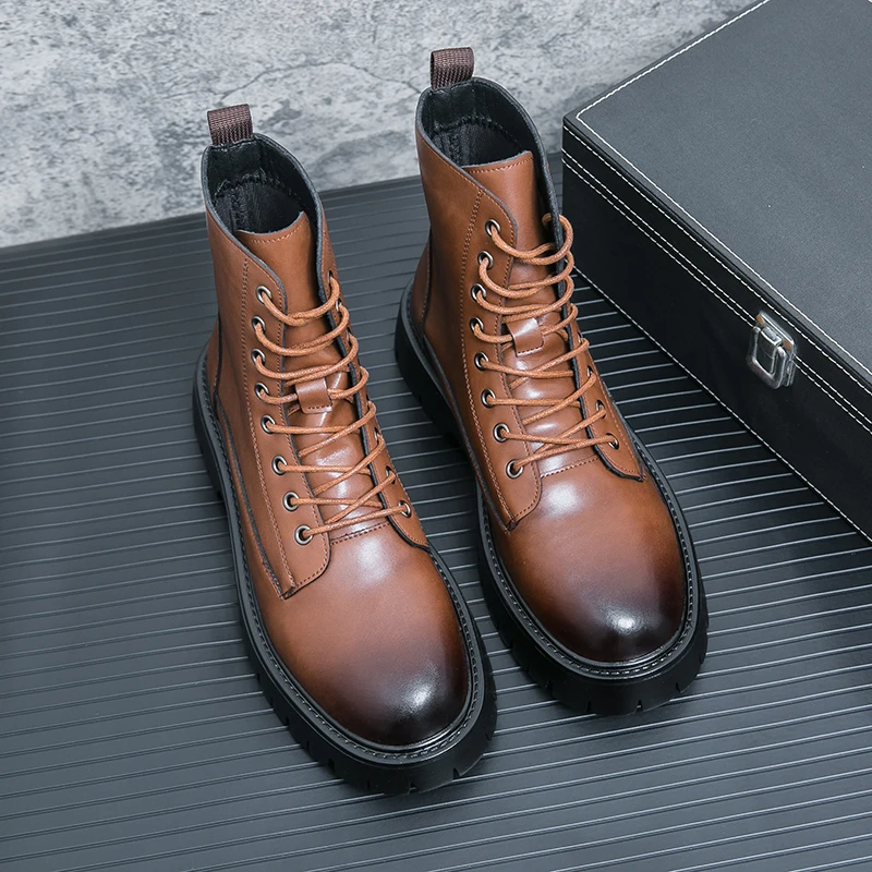 

Мужские высокие ботинки из ПУ с толстой подошвой, круглым носком, профессиональные классические мужские ботинки