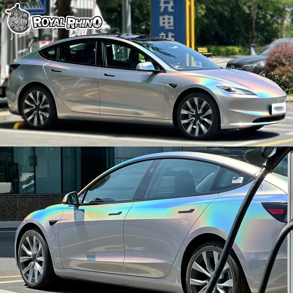 

1.52*18M Iridecence laser Silver Grey Car Wrap Stickers Color Change Vinyl Film PET Bubble Free Self-Adhesive wrapping Sticker