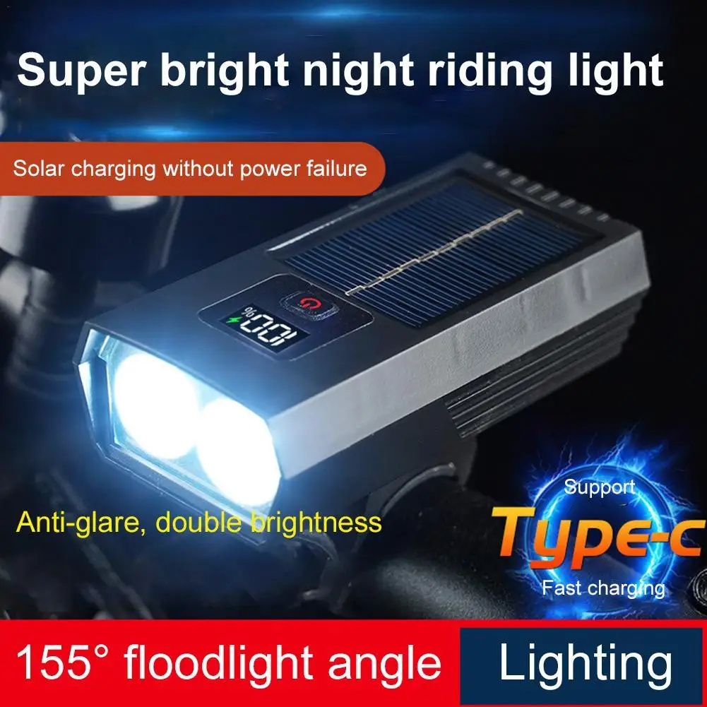 Solar Power LED Bicycle Light 1200LM MTB Road Bike Front Lamp Flashlight Rechargeable Power Display Bike Accessories