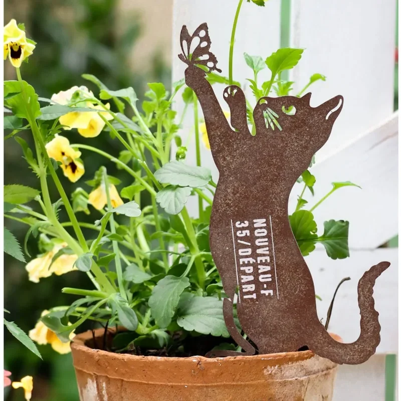 Ins-Style Cat Flower Insert Garden Landscape Decoration Iron Art, Flower Pot Accessory, Animal Shaped Plant Label, Tag for Plant