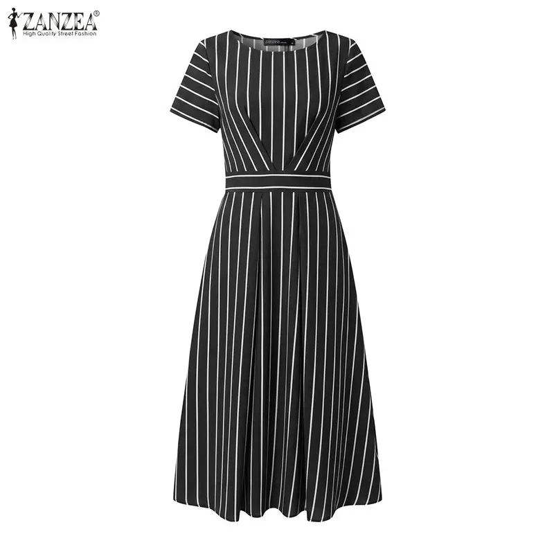 ZANZEA Stilvolles Damen-Kleid mit O-Ausschnitt und kurzen Ärmeln, gestreift, Sommerkleid, OL-Arbeitskleid, elegantes A-Linien-Midikleid mit Taille, Freizeitkleider – Detail 10