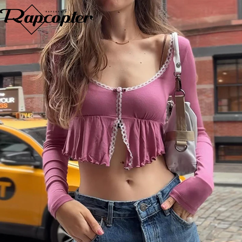 Rapcopter y2k Trim Ruffles Crop Top Floral O Neck Full Sleeve T Shirt Women French Harajuku Chic Cute Cardigans  Autumn Winter