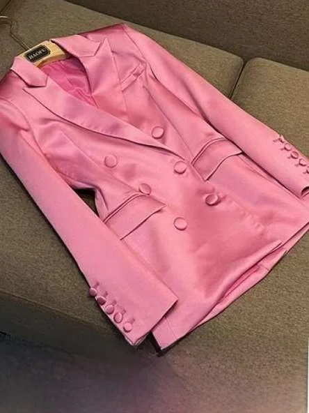 

Pink Satin Slim Fit Suit Jacket And Skirt Two Piece Set for Party Fashionable Commuting Outerwear without Inner Wear