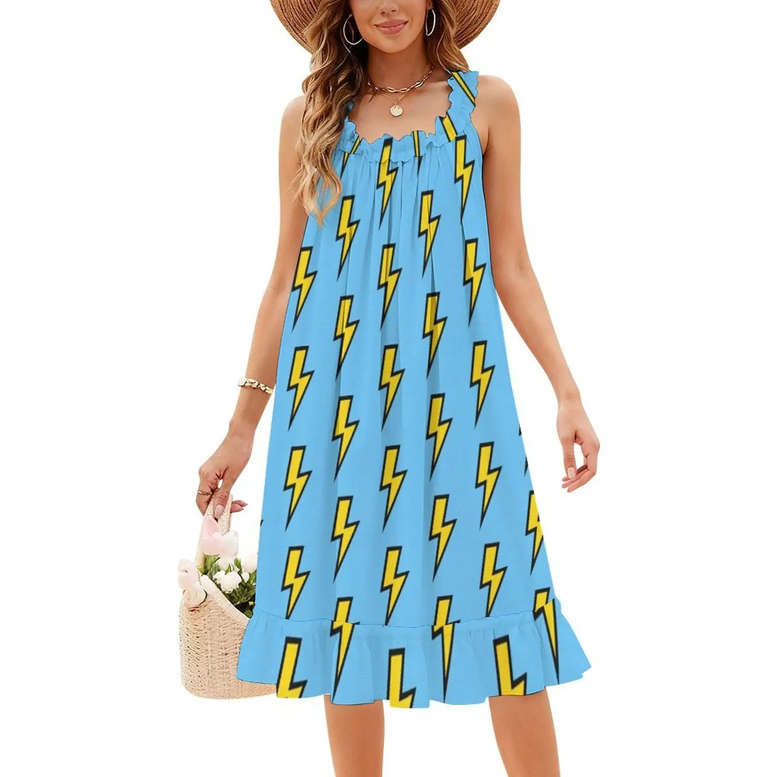 مسامير البرق الصفراء مع خلفية زرقاء زاهية على الطراز الكوري فستان كاجوال للنساء فساتين مكتب سيدة يومية بسيطة مشرقة #4