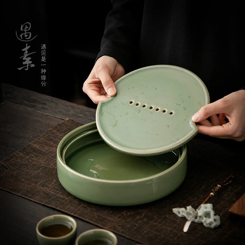 Ceramic Round Tea Tray with Water Storage, Dry Brewing Tray for Kung Fu Tea Set One Teapot Two Cups Tea Server - Home