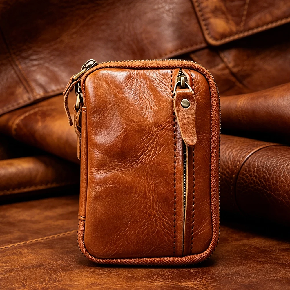 

Genuine Leather Men's Wallet Retro Handmade Waist Zipper Multifunctional Key Bag Coin Pocket Card Holder Male Purses