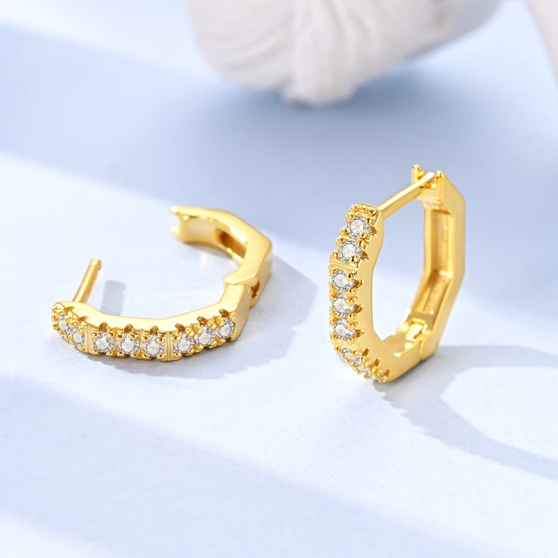 925 Sterling Silver Earrings Women Sparkling Gold Polygon Hoop Earring For Anniversary Wedding Jewelry Gifts