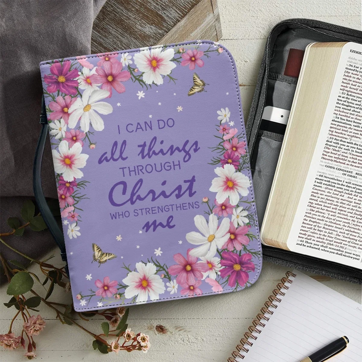 Pretty Floral Bible Verse Print Women Holy Bible Bag PU Leather Christian Bags Exquisite Customiz Gift Study Book Storage Boxes