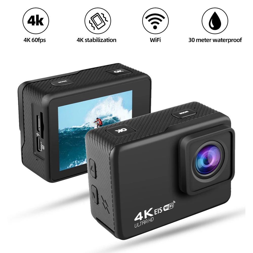 4K Action Camera 60FPS 2.0'' Screen 30M Waterproof Helmet Video Recording Camera Anti-shake Sport Camera With Remote Control