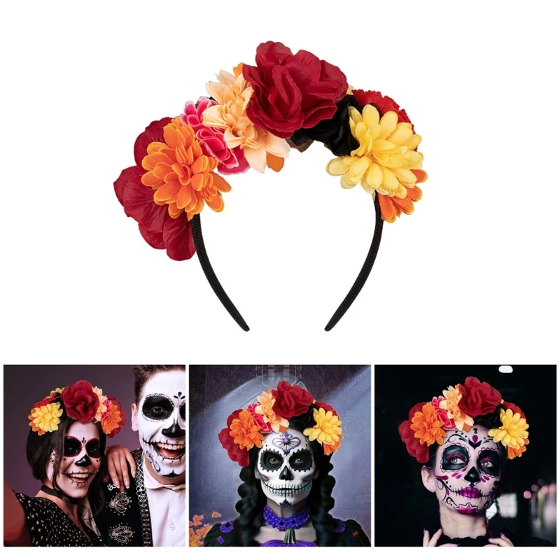 Punk Flower Hairhoop for Adult Kids Theme Party Costume Headband Mexico Day of the Death Headpiece Halloween Hairband