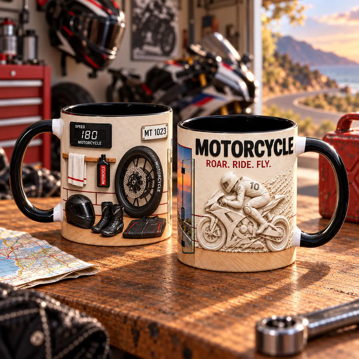 Custom Motorcycle Coffee Mug 11oz Ceramic Cup 325ml, Motorbike Rider Print, Roar Ride Fly Slogan, Add Your Name, Gift for Bikers