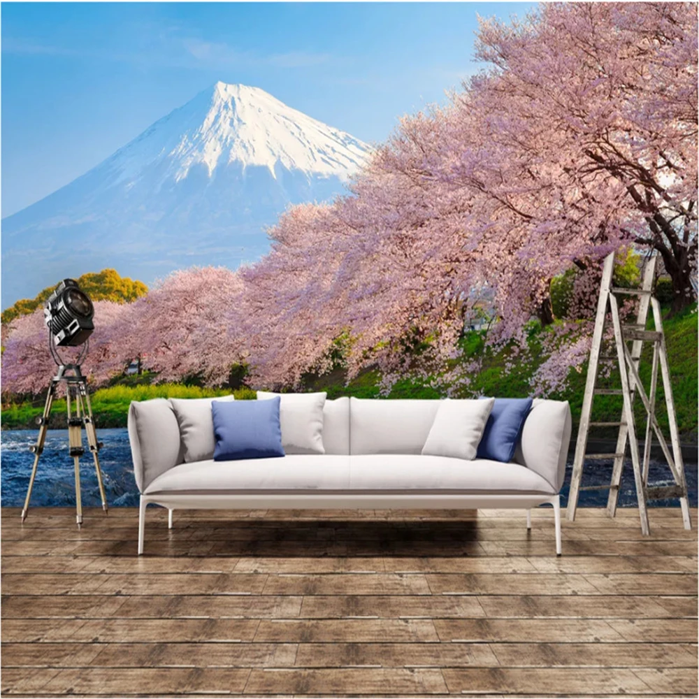 3D Photo Wallpaper Nature Fresh and Beautiful Japanese Cherry Blossom Fuji Mountain Mural Living Room Bedroom Wall Paper 3