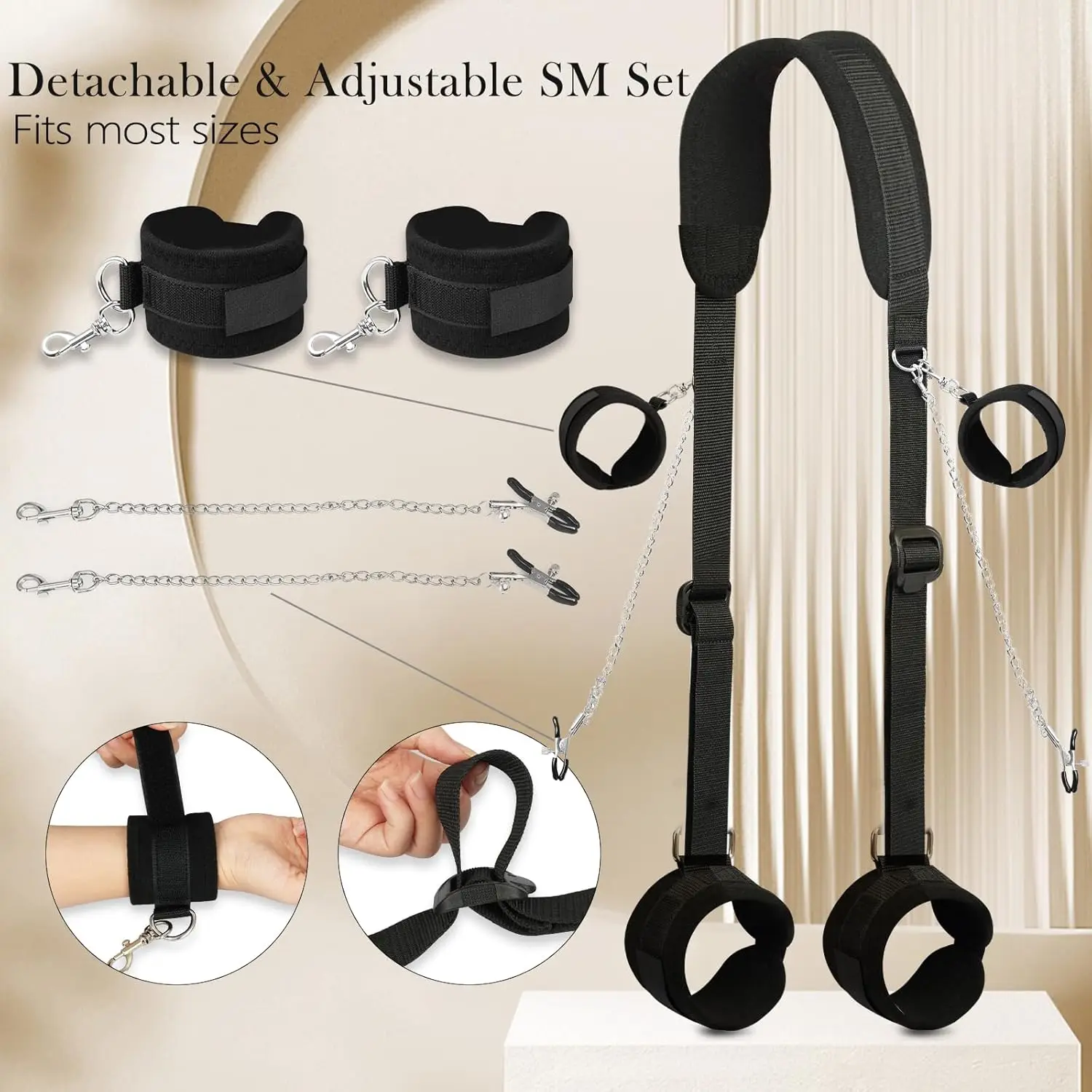 

Sex Bondage BDSM Kit Restraints Set with Hand Cuffs Leg Straps Cuffs Nipple Clamp & Eye Mask Include Adjustable