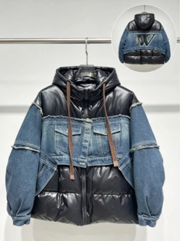 2026 Puffer Coat Winter New European Fashion Denim Patchwork Short Thick Warm Oversized Hood Large Size Ladies Outerwear