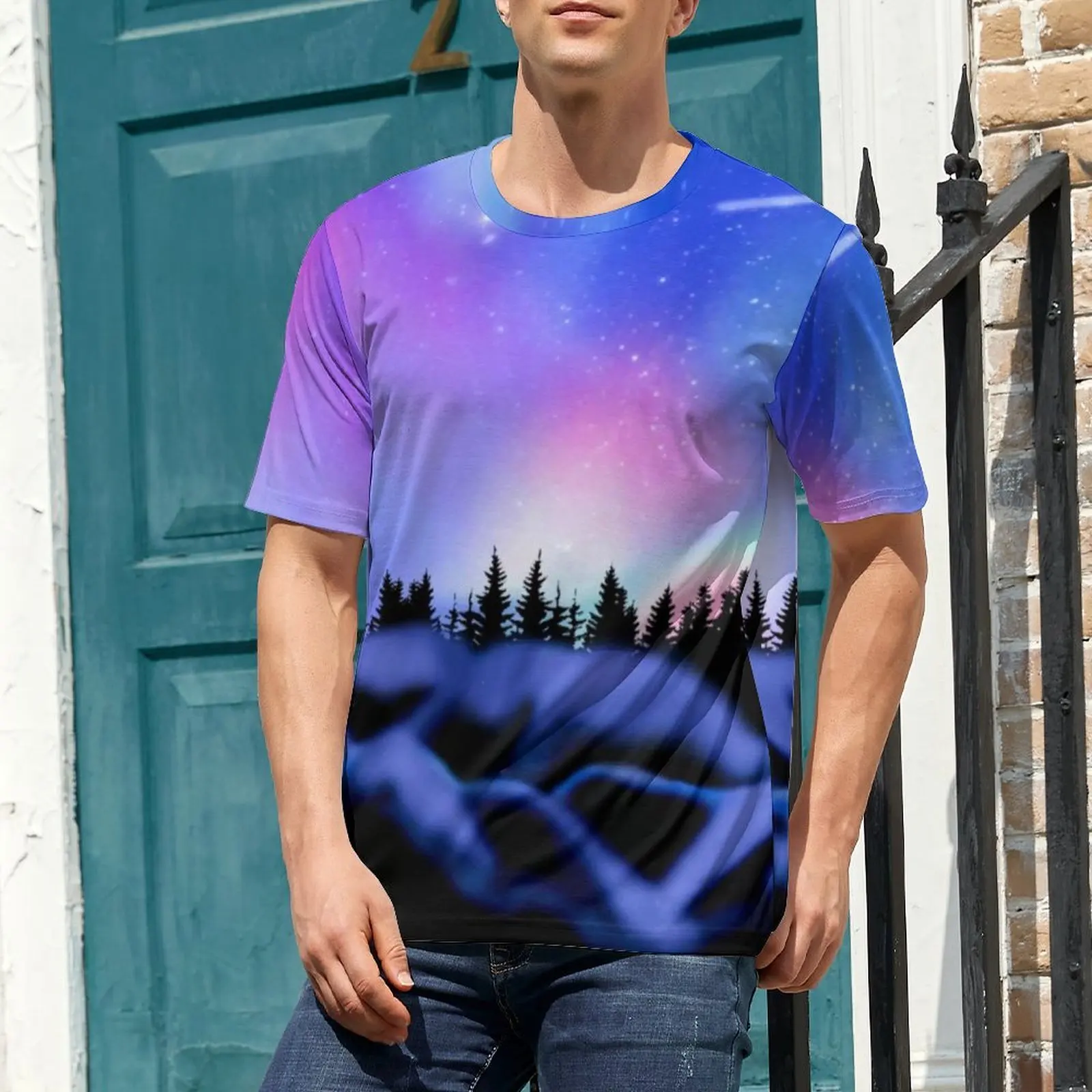 Mountains Galaxy T Shirt For Men Northern Dreamy Lights Design O Neck T Shirts Summer Fashion Clothing Short Sleeves Casual Tees
