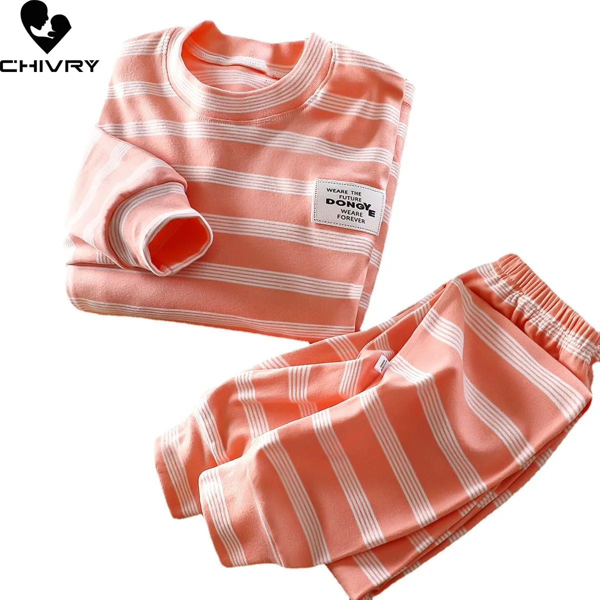 Pijamas de dibujos animados para niños y niñas, camiseta cálida a rayas con pantalones, conjuntos de ropa de dormir para jóvenes, otoño e invierno, novedad