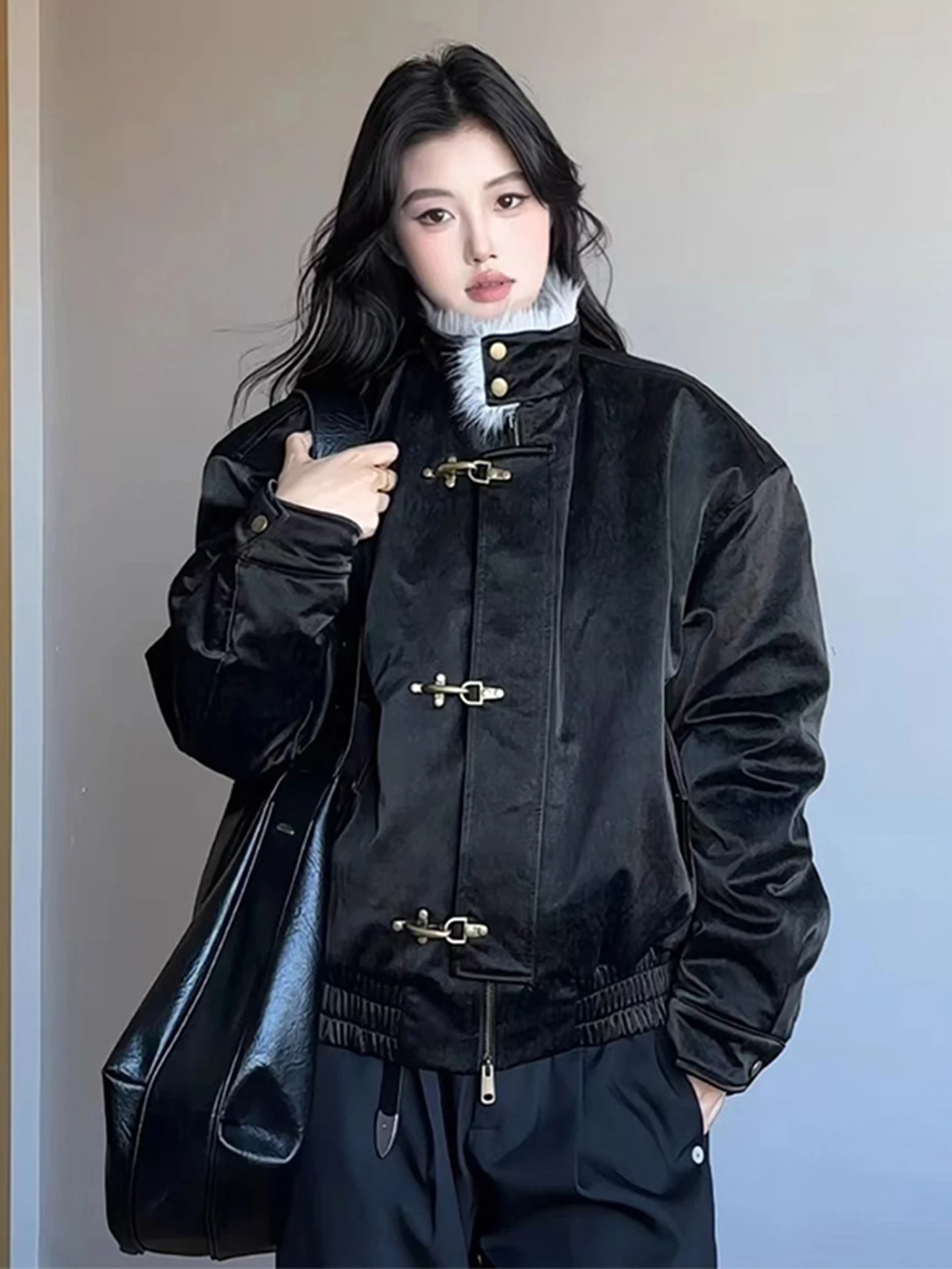 

Men's Winter Cotton Jaet Harlan Jaet Flight Button Fur Collar Down-Inside Thi Warm Cotton Coat Loose Fit Youth Trend