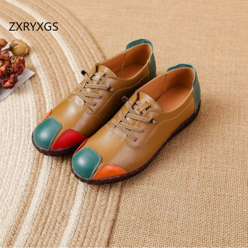 ZXRYXGS Promotion Flats 2025 New Spell Color Genuine Leather Shoes Flat Soft Sole Comfortable Casual Sneakers Women Trendy Shoes