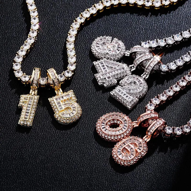 Iced Out Baguette CZ Zircon Number Pendant DIY Spliced Digit Charm Hip‑Hop Custom Name Necklace Jewelry for Men Women Wholesale
