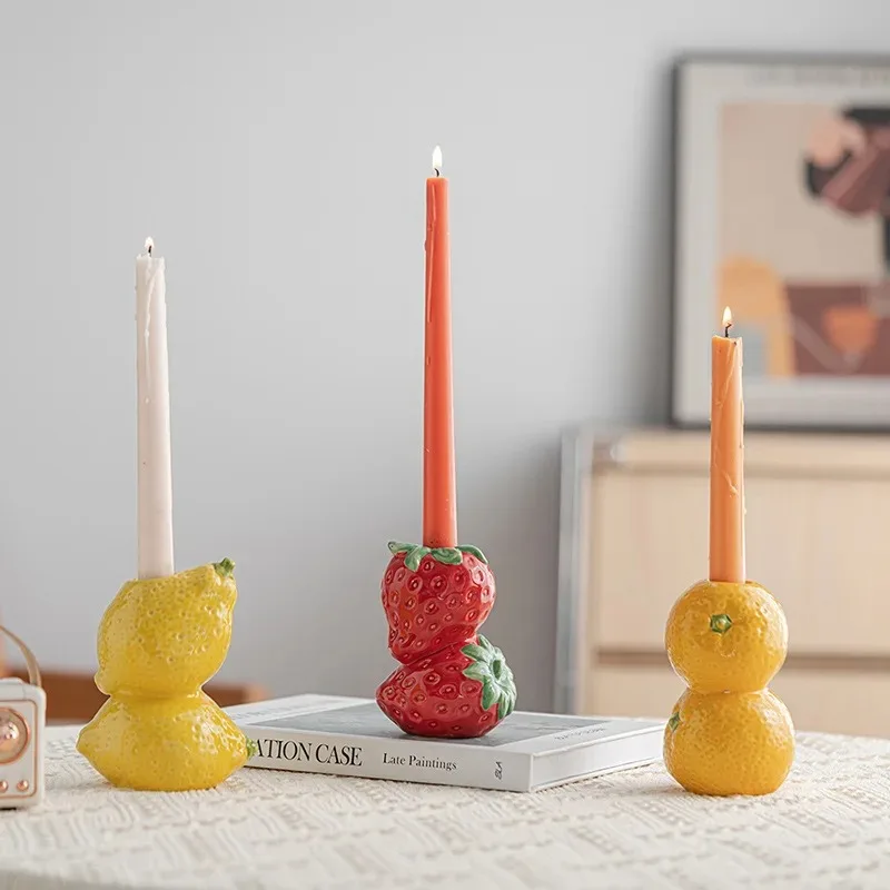 Vilead Ceramic Fruit Candle Holder Lemon Orange Figurines Strawberry Candlestick Home Room Decoration Tabletop Desk Decor Gift