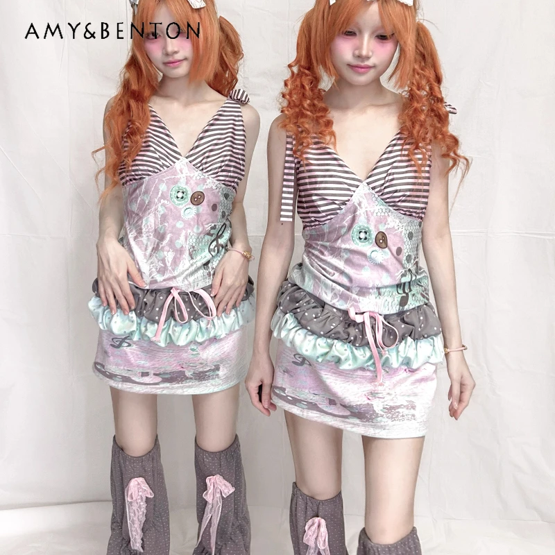 

Original Retro Design Striped Patchwork Lace-Up Women's Vest Summer Sweet Cool Spicy Girl V-Neck Sexy Sleeveless Camisole