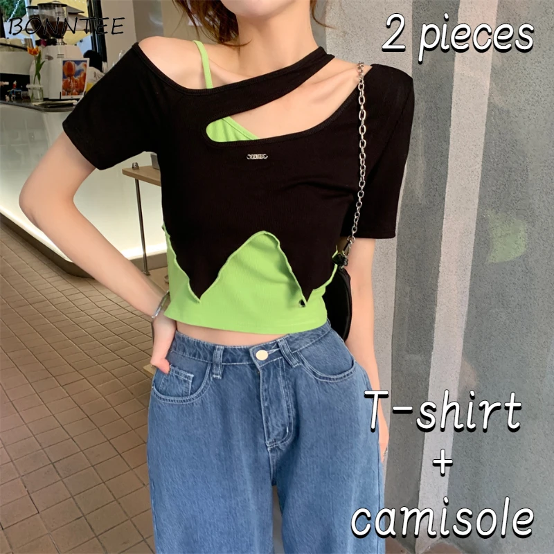 

Asymmetrical Camisole Sets Women 2pcs Personality Design Off Shoulder T-shirts Streetwear Hipster All-match Korean Style Summer