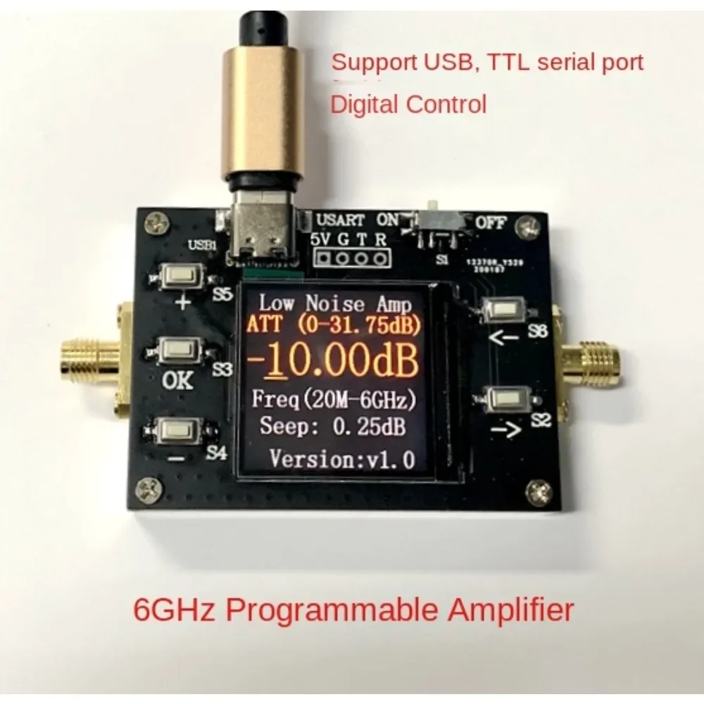 20MHZ-6GHZ Low Noise Programmable Gain Amplifier 31.75DB Dynamic Range LCD Digital Display with Serial TYPEC Power HAM Radio