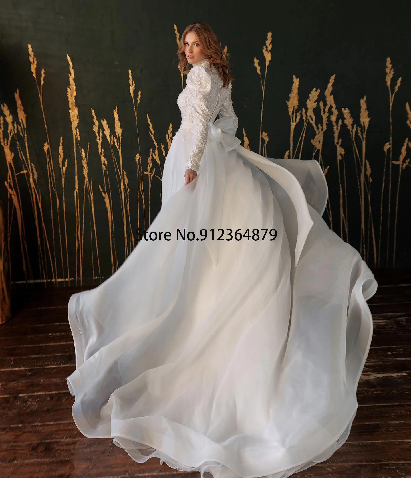 Vestidos De novia De manga larga con cuello alto, apliques De encaje, lazo en la espalda, Formal, cultivado, Vetido De fiesta