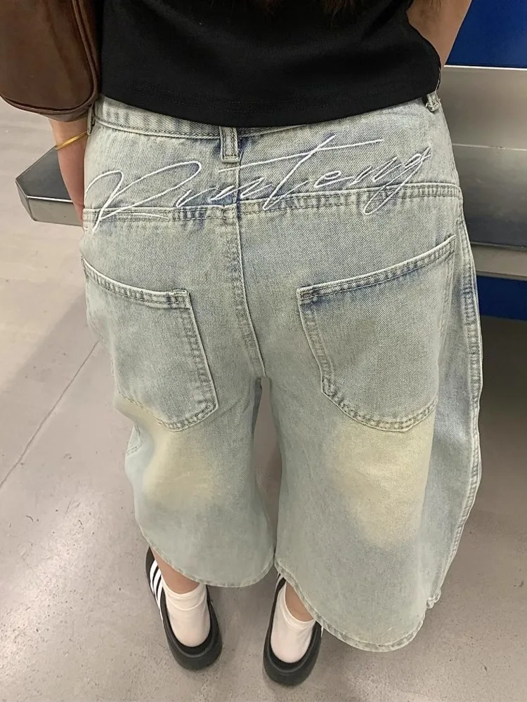 

Retro Large Size Blue Embroidery Design Jeans Women's Summer American Hot Girl Wide Leg Jeans Seven-Foot Pants Casual Sle