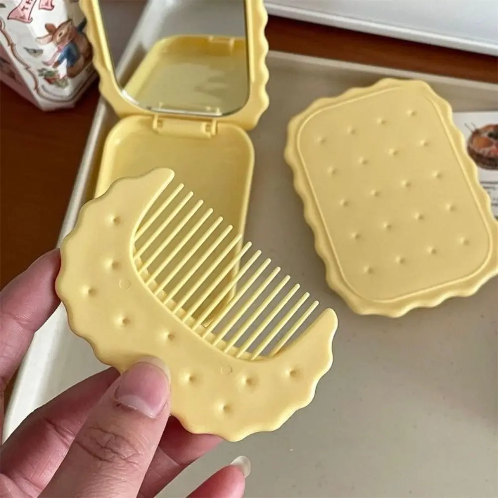 Mini Biscuit Hand-Held Mirror Cheese Biscuit Design Folding Biscuit Make-Up Mirror Portable Plastic Biscuit Pocket Mirror