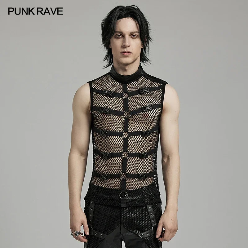 PUNK RAVE Men\'s Punk Personalized Mesh Tank Top Innovative Style Cool Handsome Tops Sexy Vest Men Clothing Summer