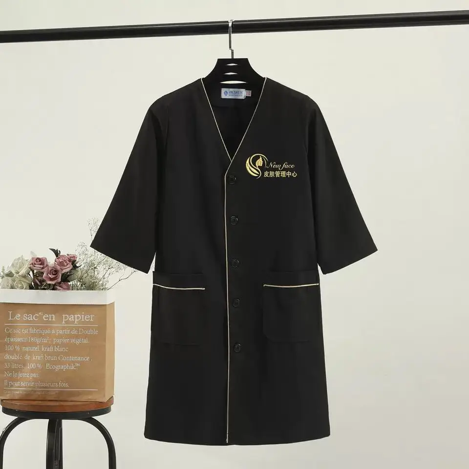 Branco mais tamanho salão de beleza grooming roupas laboratório casaco logotipo preto curto esteticista topos beleza uniforme spa uniforme esfrega uniforme