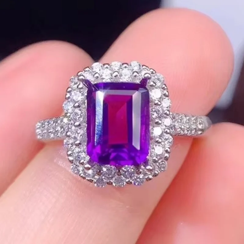 

925 pure silver Chinese style natural amethyst women's luxury popular rectangle adjustable gem ring fine jewelry support detecti