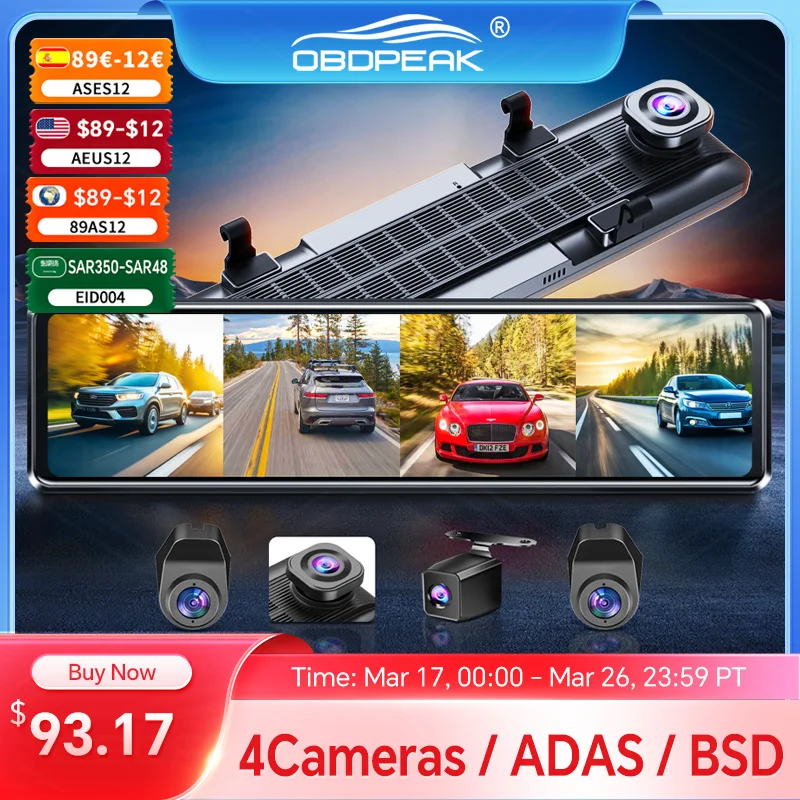 OBDPEAK 4K Dash Cam A8 4-Channel Record 1080P ADAS BSD Car DVR WIFI APP Rear View Mirror Auto Video Camera Ultra HD 24H Parking