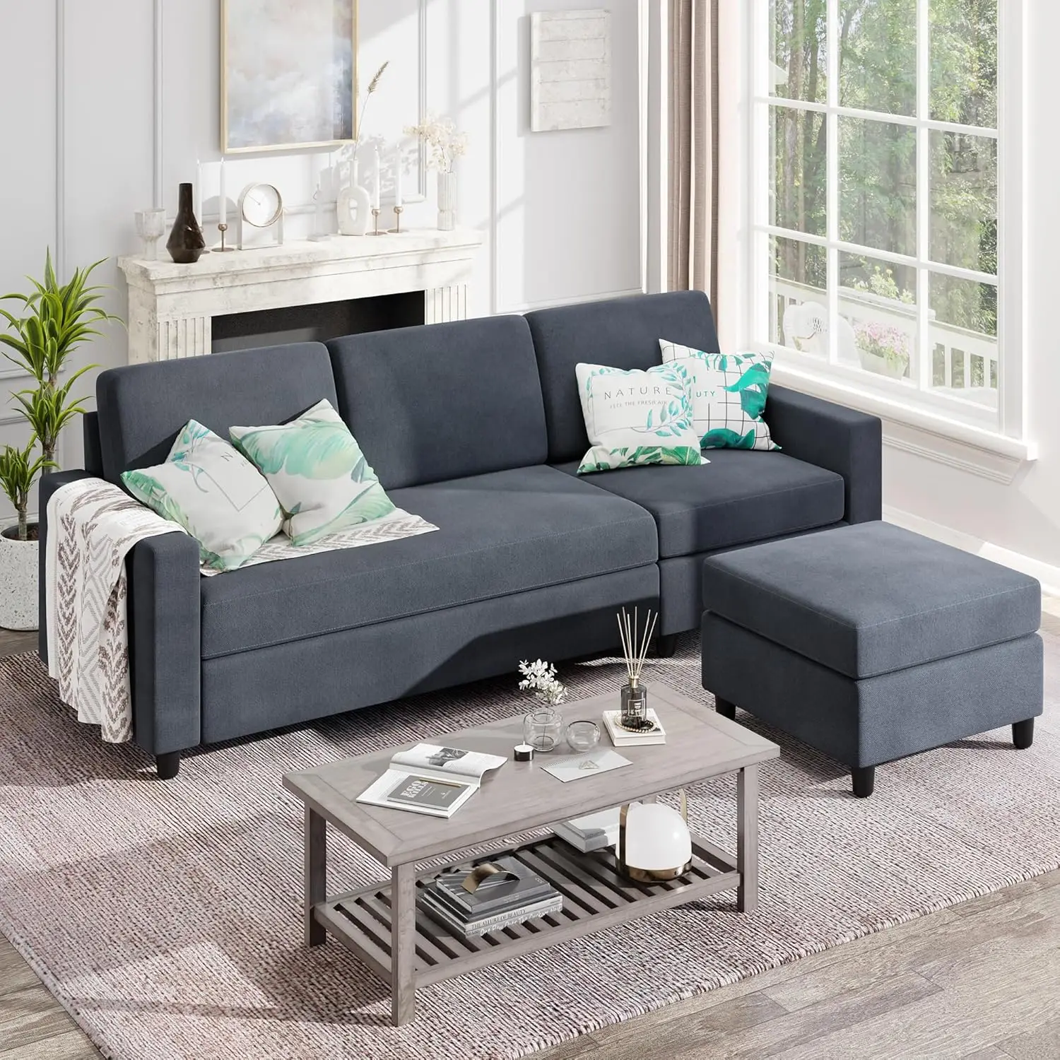 Sectional Sofa Couch,3 Seat L Shaped Couches with Storage Function Ottoman,Modern Linen Convertible Sectionals Sofas with Armres