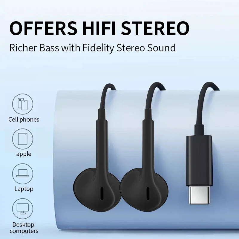 سماعات أذن سلكية من النوع C Hifi Bass ستيريو للتحكم في مستوى الصوت مع ميكروفون USB C سلكية لهاتف Apple Iphone 15 16 Pro Max وسامسونج وهواوي