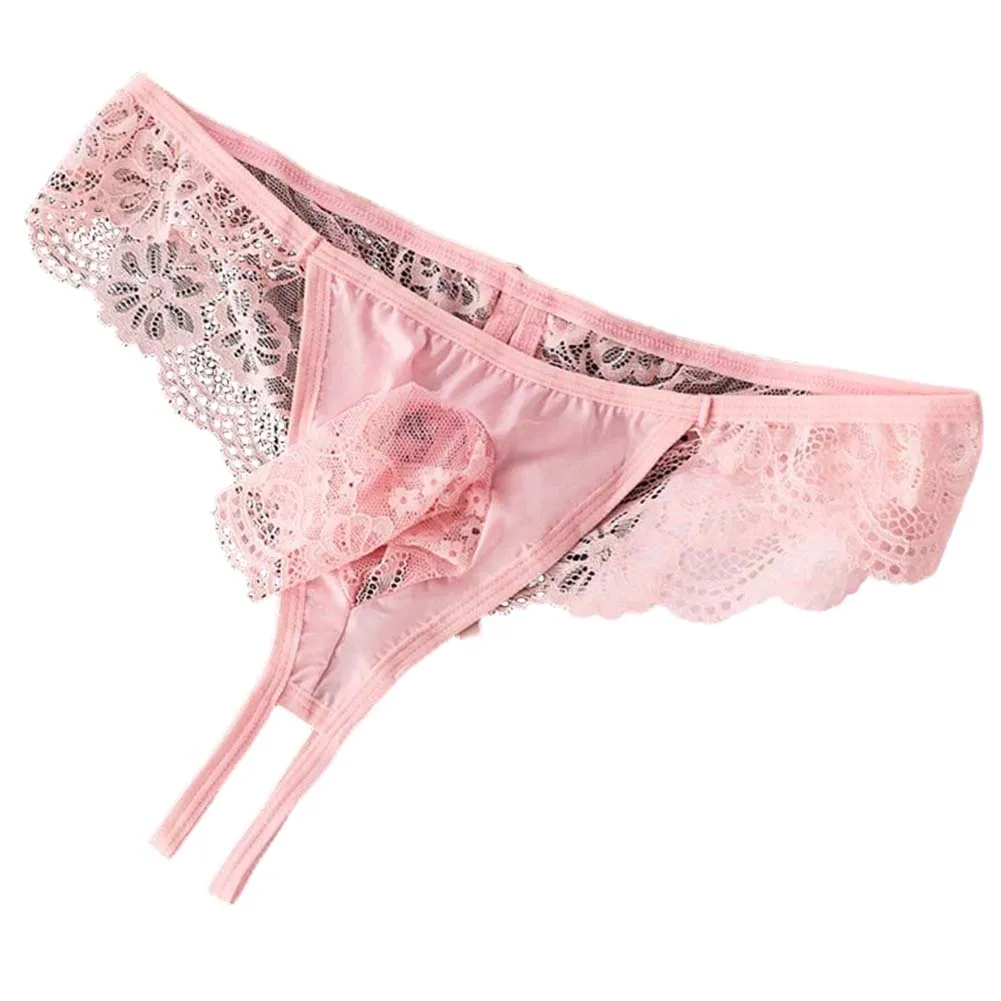 

Men Underwear Bow Lace Mesh Sheer G-String T-Back Solid Bikini Low Waist Extreme Men's Panties Sissy Thongs Very Hot Lingerie