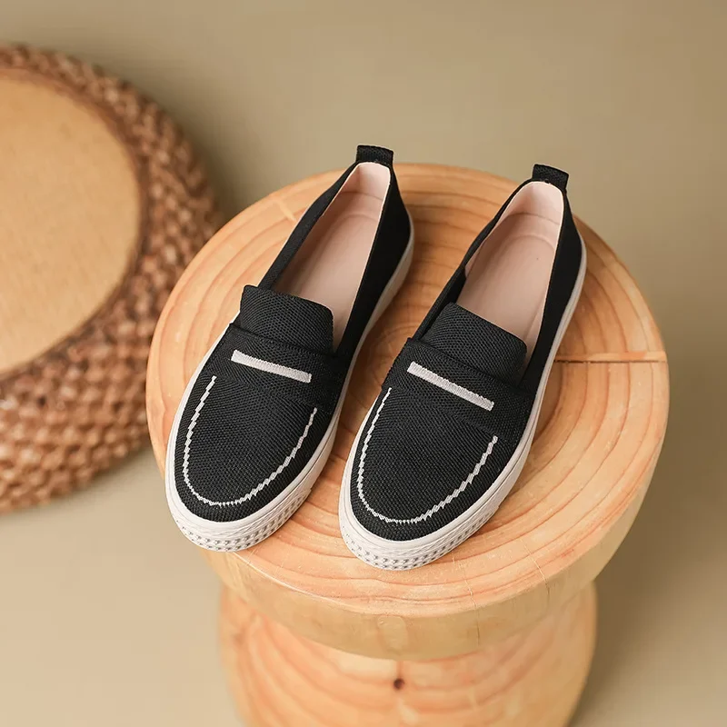 New Fashion Women Flat Shoes Japan Style Knit Slip-on Loafers Comfortable Round Toe Boat Shoes