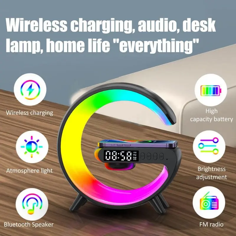 USB Power Wireless Charger Bluetooth Speaker RGB Night Light Clock Alarm Clock Decoration for IPhone Samsung Xiaomi Huawei G63