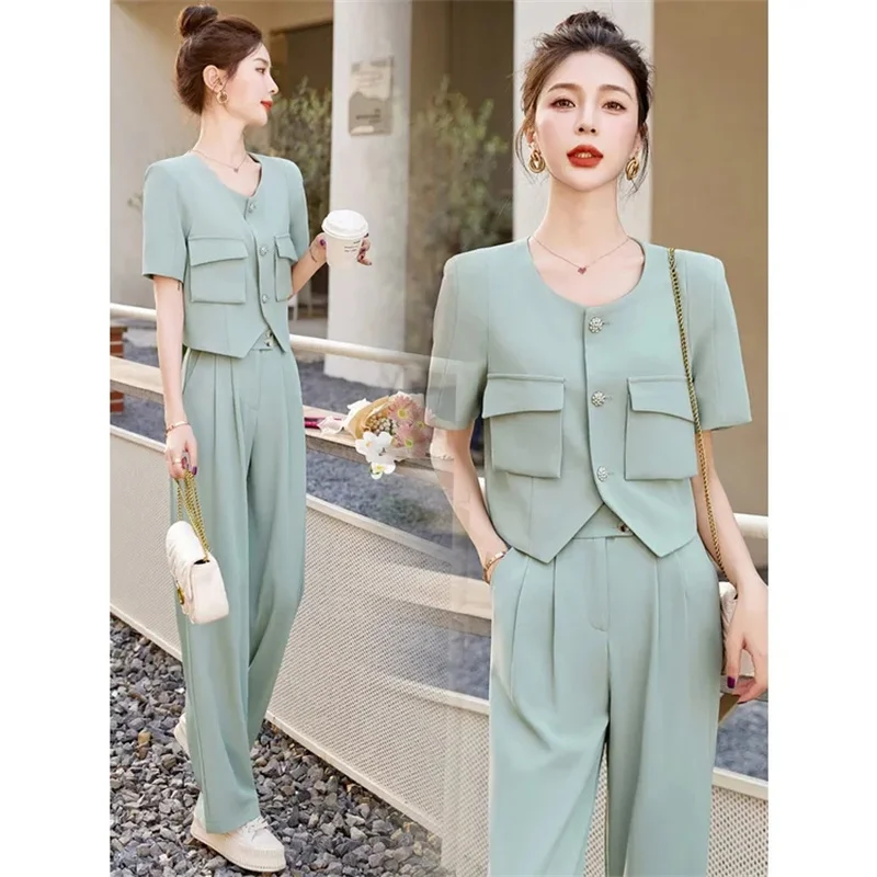 Leisure Fashion Set Women\'s 2023 Summer New Style Short Sleeve Top Wide Leg Pants Suit Two Piece Suit Female High-Quality Gray