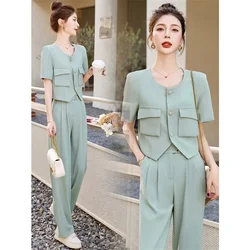 Leisure Fashion Set Women's 2023 Summer New Style Short Sleeve Top Wide Leg Pants Suit Two Piece Suit Female High-Quality Gray